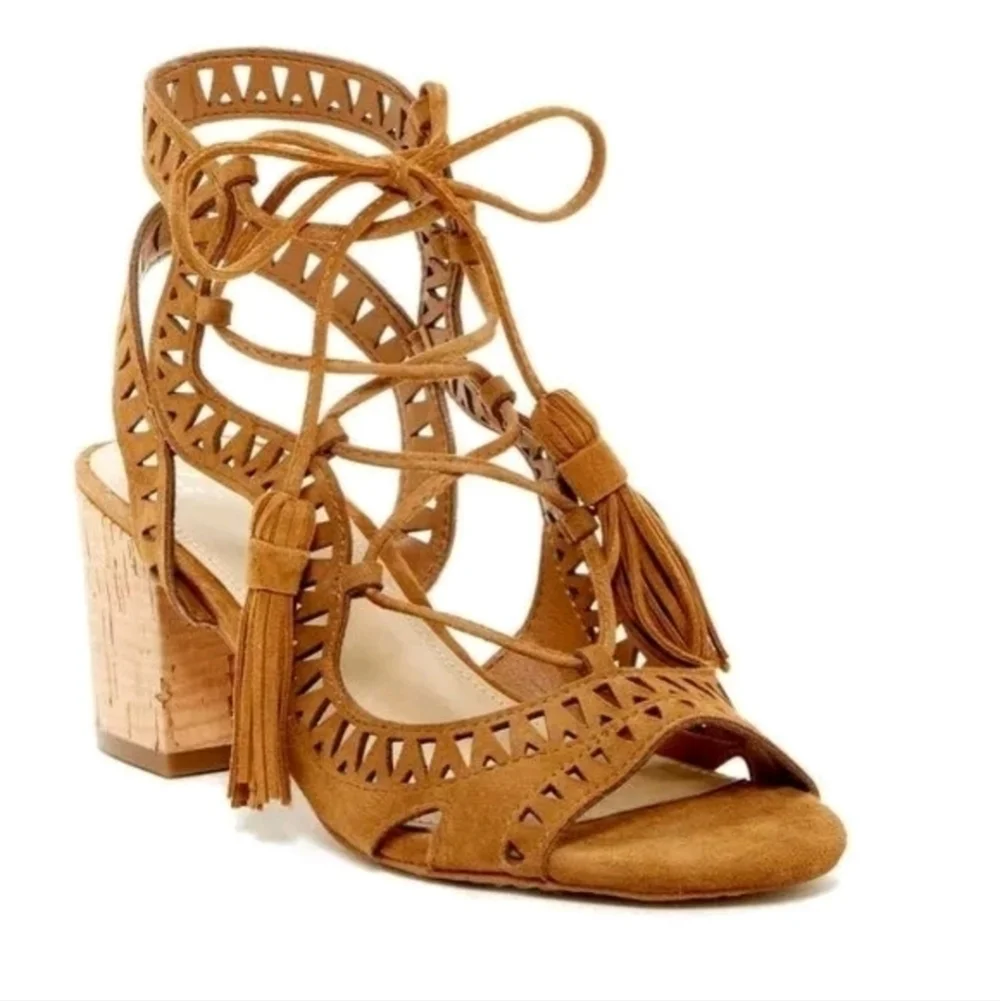 Marc Fisher Remone Brown Suede Perforated Lace-up Sandals